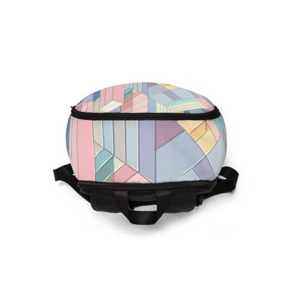 Versatile and chic look of the Pastel Perfection Geometric Backpack by Dazzling Dreams Studio, reflecting unique personality and colourful adventures, perfect for casual outings and commuting.