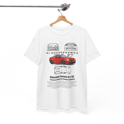 Chic white Chevrolet Camaro ZL1 1LE T-shirt on display, capturing eye-catching graphics, tailored for sophisticated automotive lovers.