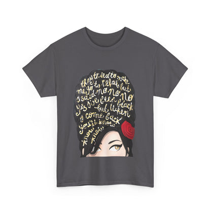 Amy Rehab Lyrics Graphic Tee - Luxurious Unisex Cotton T-Shirt with contemporary design displaying iconic lyrics in gold against a dark grey background.