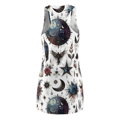 Back view of Chic Women's Designer Racerback Dress showcasing elegant celestial design, perfect for summer gatherings.