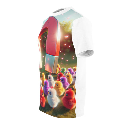 Lifestyle shot of the Chick Magnet Tee by Dazzling Dreams Studio worn casually, highlighting its unique whimsical design and exceptional comfort for stylish, relaxed outings.