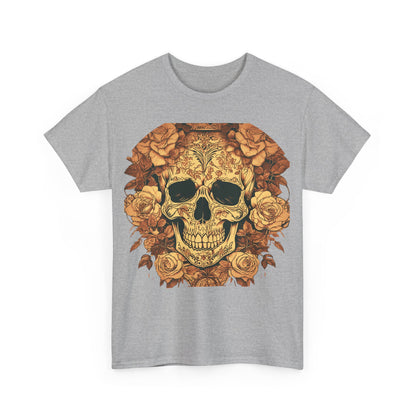 Front view of the Skulls and Roses Cotton Tee in grey, emphasising its unique graphic and comfortable fit.