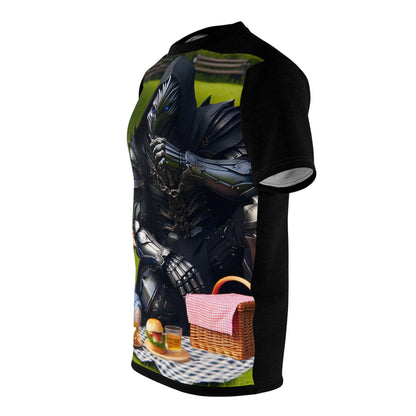 Close-up view of the Unique Spooky Specter Samurai T-Shirt capturing the unique design details and vibrant colours. Artfully created by Dazzling Dreams Studio.