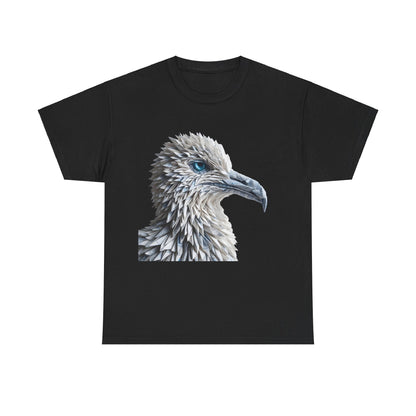 Sculpted Elegance Unisex Cotton Tee featuring an intricate origami bird design in a sleek black shade, highlighting a beautifully textured bird's head with a stunning turquoise eye.