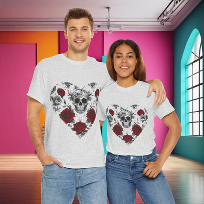 Stylish couple wearing the Skulls and Roses Cotton Tee with a captivating skull and roses design, posing in a chic modern environment.
