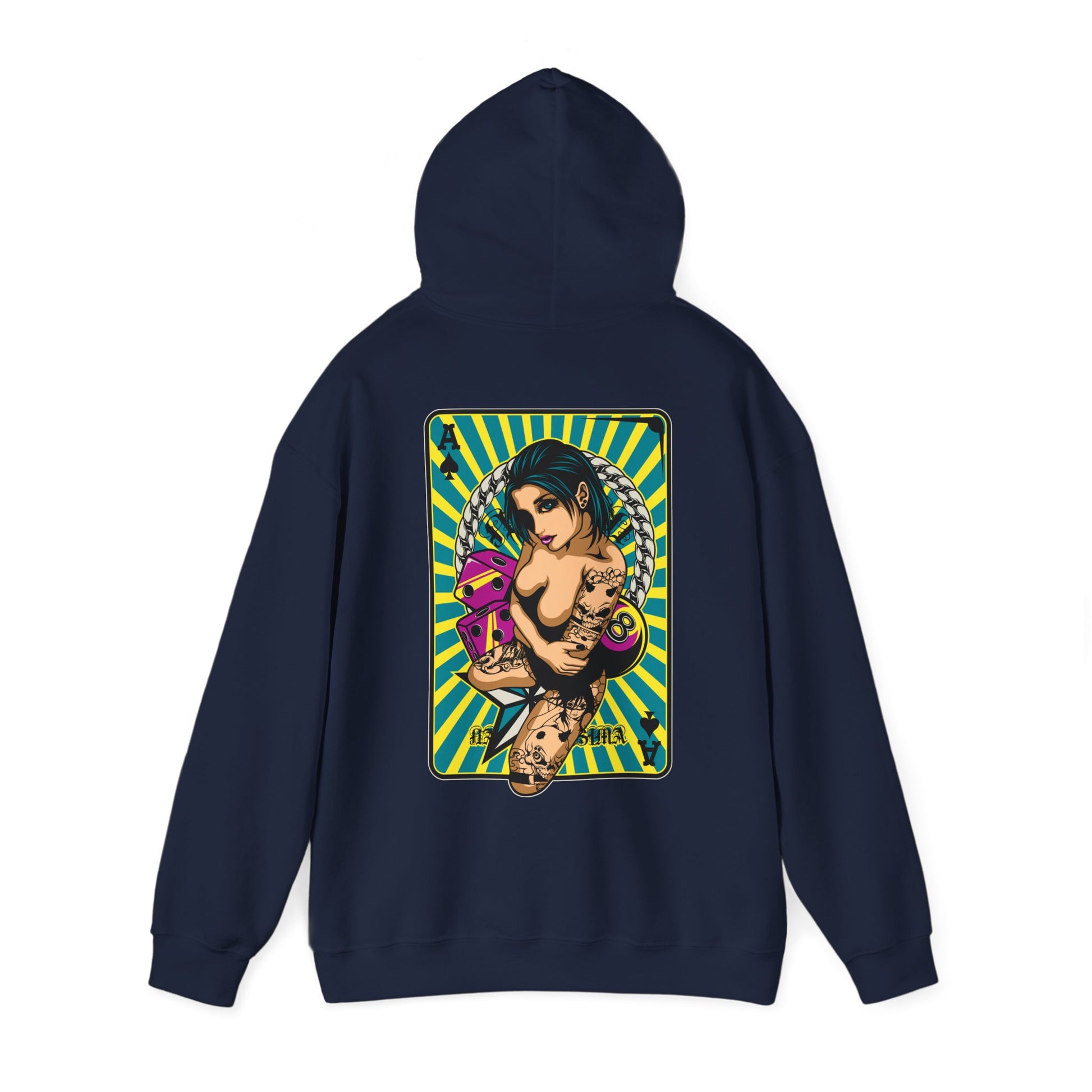 Refined navy hoodie featuring a captivating back print of a tattooed woman with playing cards, positioned against energetic yellow and turquoise rays.