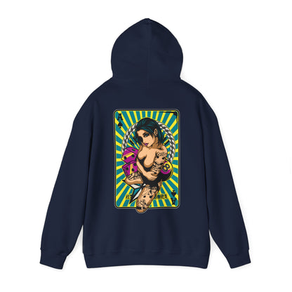 Refined navy hoodie featuring a captivating back print of a tattooed woman with playing cards, positioned against energetic yellow and turquoise rays.