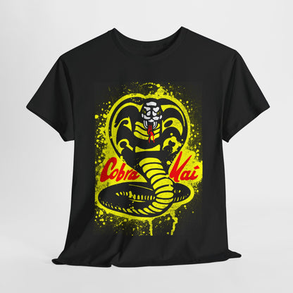 Luxurious black graphic T-shirt featuring a vibrant Cobra Kai design with a striking coiled snake emblem, perfect for enthusiasts of martial arts and vintage pop culture. This unisex tee showcases a blend of humour and nostalgia, ideal for casual outings and stylish gatherings.
