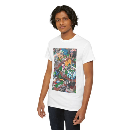 Elegant unisex white tee showcasing a vibrant graphic of a bustling cityscape, ideal for fashion enthusiasts who appreciate unique artistry.