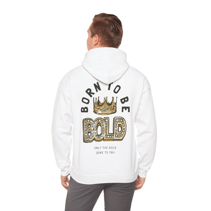 Stylish model wearing a white hoodie with an eye-catching back design that reads 'BORN TO BE BOLD' and a luxurious golden crown, perfect for expressing individuality and confidence.