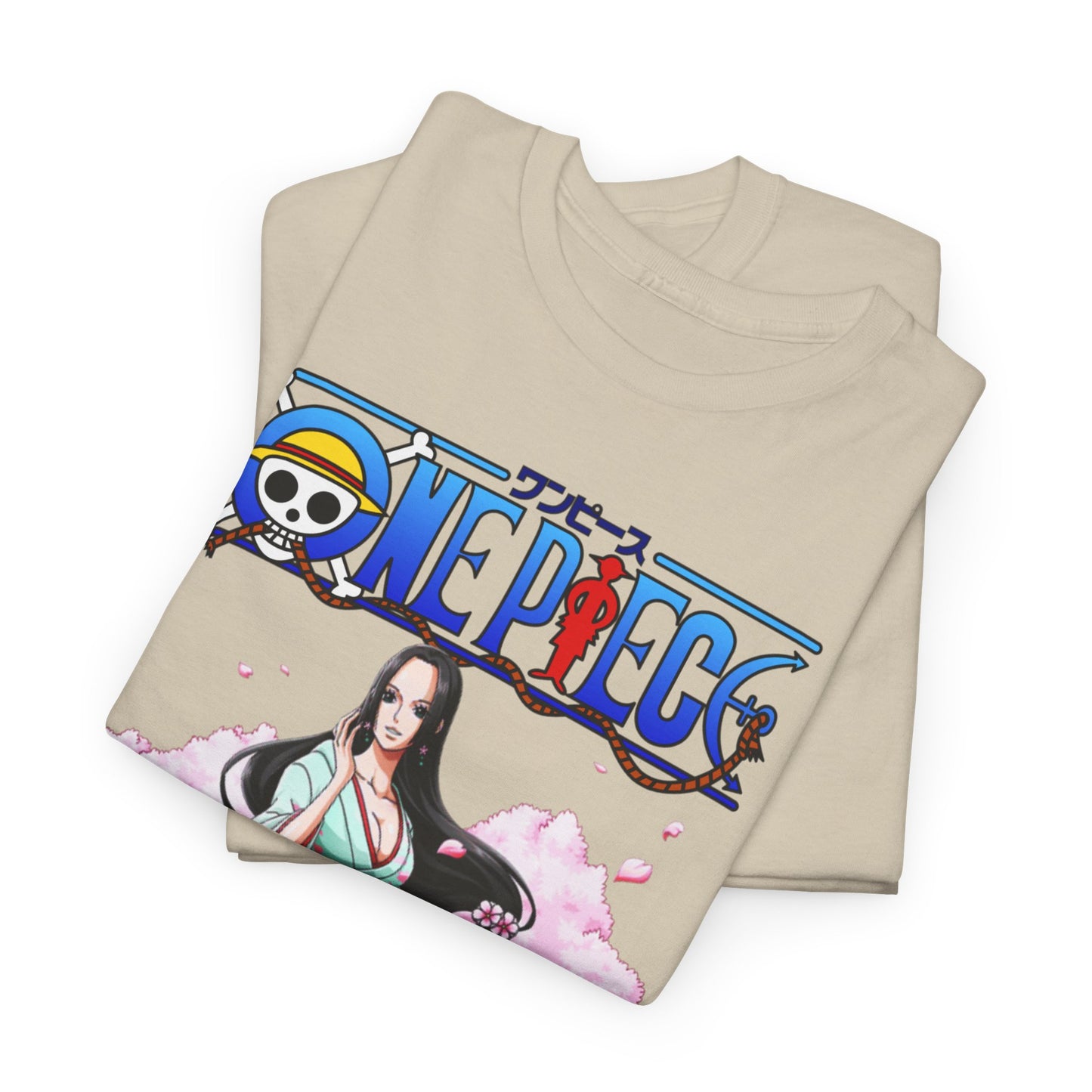 Luxurious beige men's t-shirt showcasing a beautifully illustrated design of Boa Hancock from One Piece, surrounded by cherry blossoms and featuring iconic anime branding.