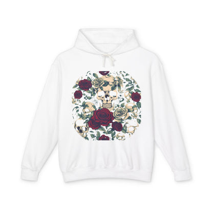Unisex Lightweight Hooded Sweatshirt in white, adorned with a unique designer skull and roses print, reflecting luxury and distinctiveness.