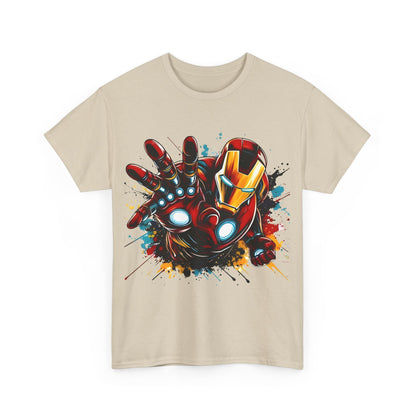Luxury unisex Iron Man Graphic Tee displaying the iconic superhero in a captivating beige variant, featuring vibrant colours and intricate details. Unleash Your Inner Hero: Iron Man Graphic Unisex Graphic Tee Shirt.
