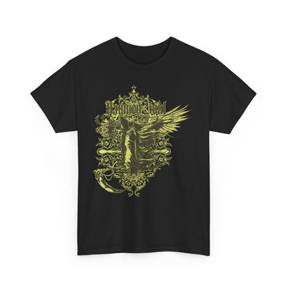 Striking black t-shirt featuring an ornate graphic design of a Grim Reaper, blending gothic aesthetics with contemporary flair.