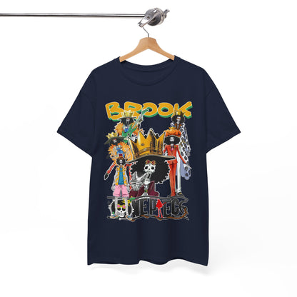 Luxury navy blue anime t-shirt featuring a vibrant collage of Brook characters, perfect for anime enthusiasts and fashion aficionados.