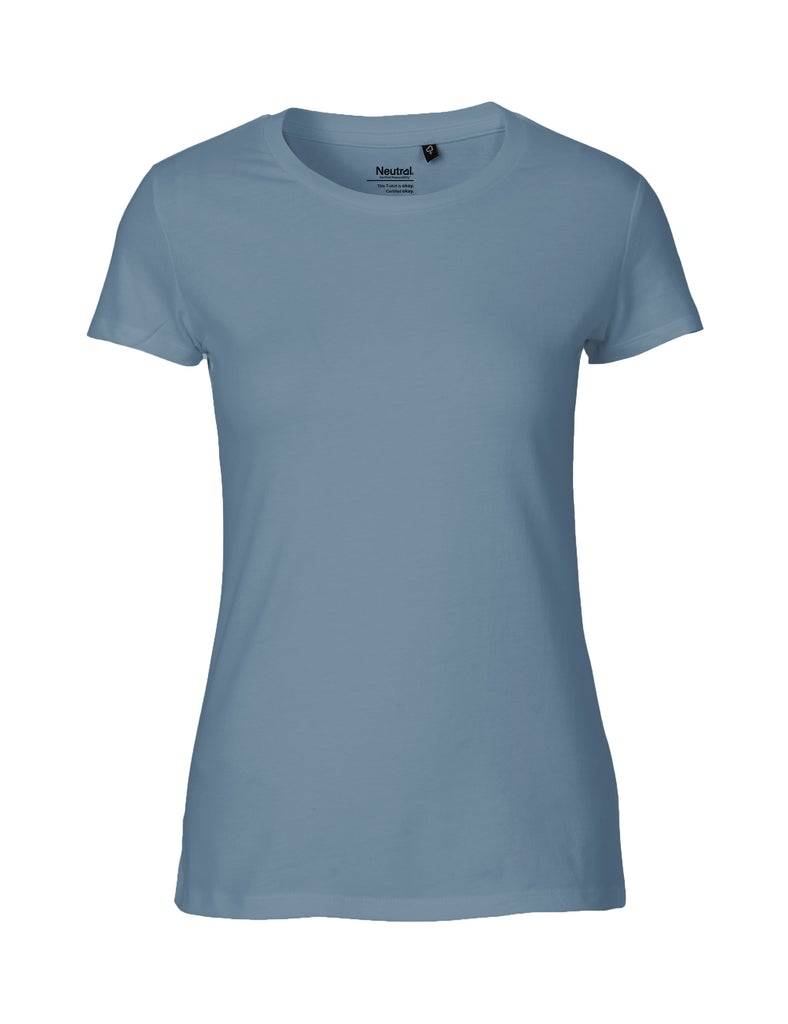 Fairtrade organic cotton slim fit t-shirt in soft light fabric, showcasing sustainable fashion with elegance and ethical craftsmanship.