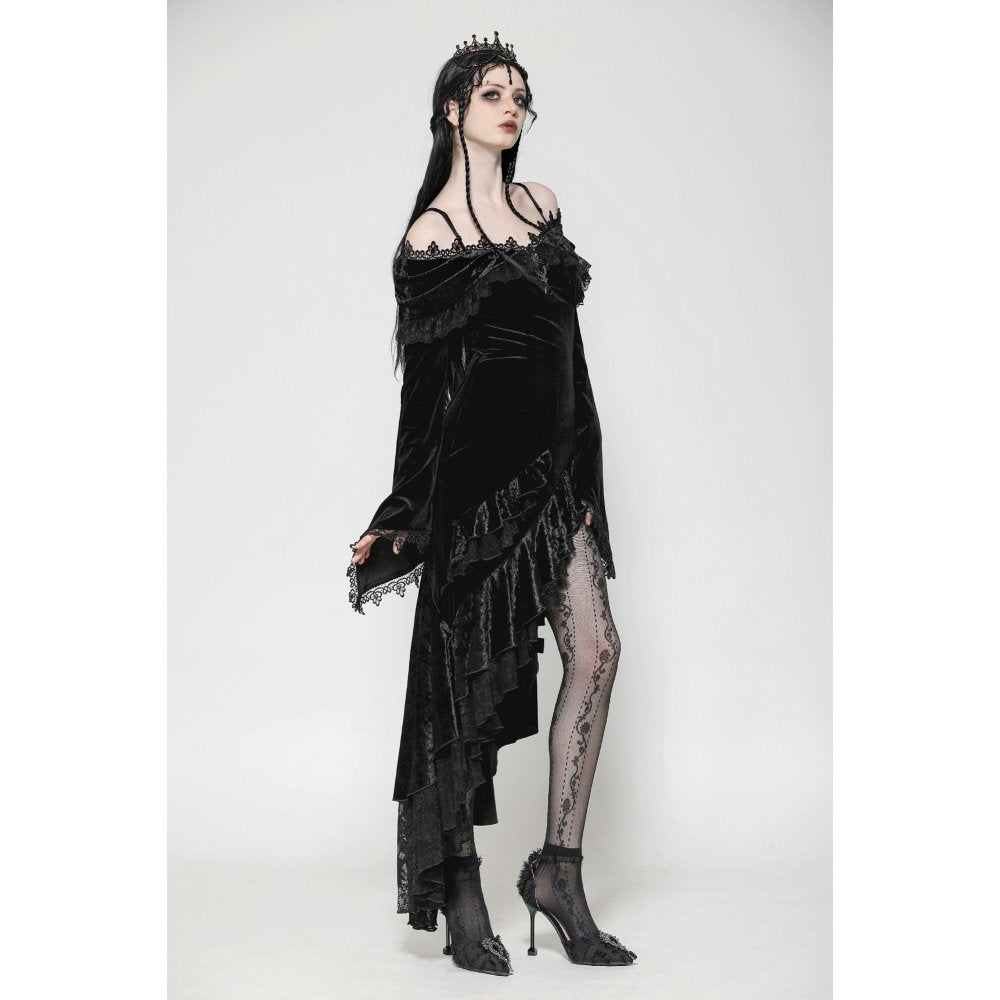 Model wearing a dark gothic velvet mermaid dress with ruffles, showcasing an alluring off-shoulder neckline.