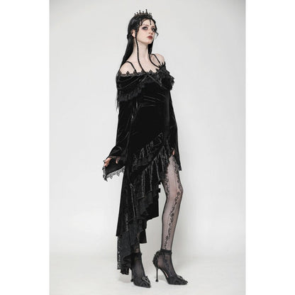 Model wearing a dark gothic velvet mermaid dress with ruffles, showcasing an alluring off-shoulder neckline.