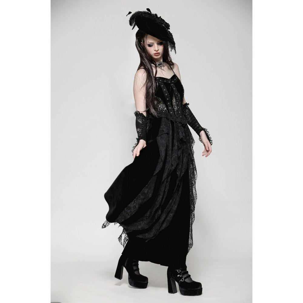 Side view of the Dark in Love Fia Gothic Maxi Dress, showcasing its dramatic silhouette and fine lace accents for a luxurious gothic aesthetic.