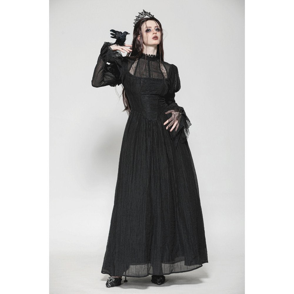 Dark in Love Harlow Gothic Lace Maxi Dress styled on a model, exuding dark elegance and perfect for gothic-themed events.