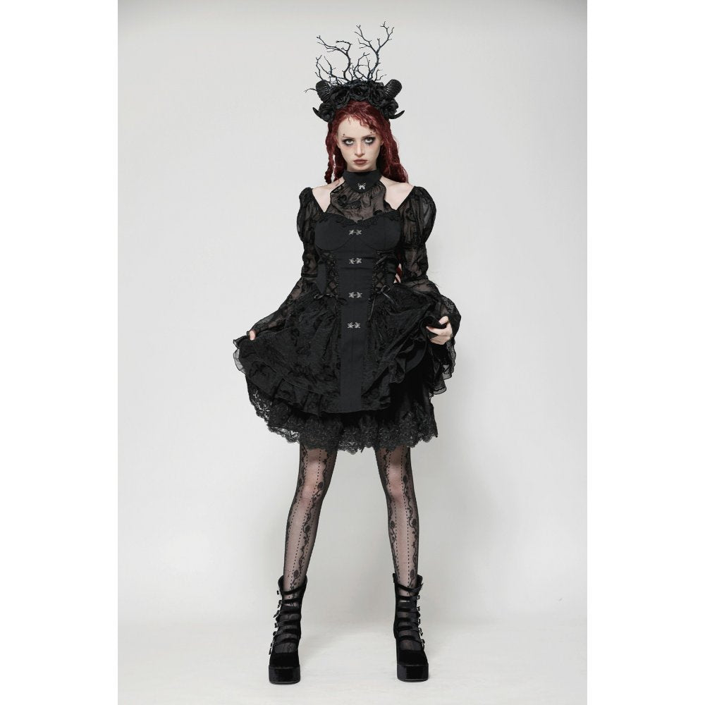 Back view of Dark in Love Blanche Victorian Gothic dress, highlighting the corseted waist and flowing skirt, perfect for an elegant gothic look.
