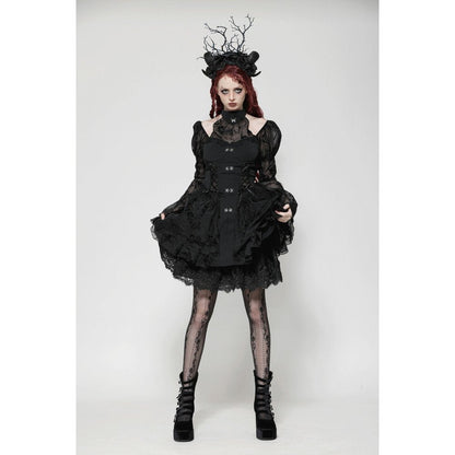 Back view of Dark in Love Blanche Victorian Gothic dress, highlighting the corseted waist and flowing skirt, perfect for an elegant gothic look.