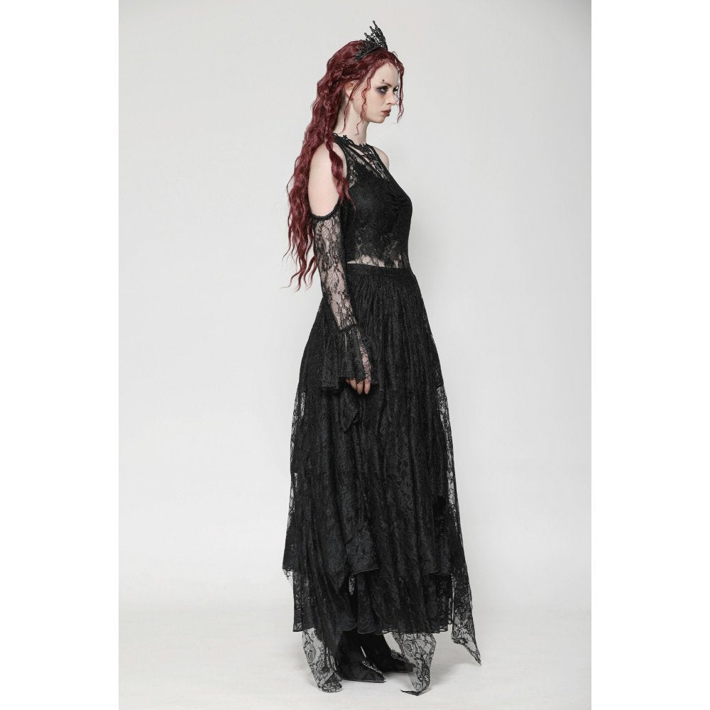 Model wearing the Carys Black Gothic Dress with asymmetrical off-shoulder style, demonstrating the ethereal lace and fabulous rhinestones, ideal for chic gothic events.