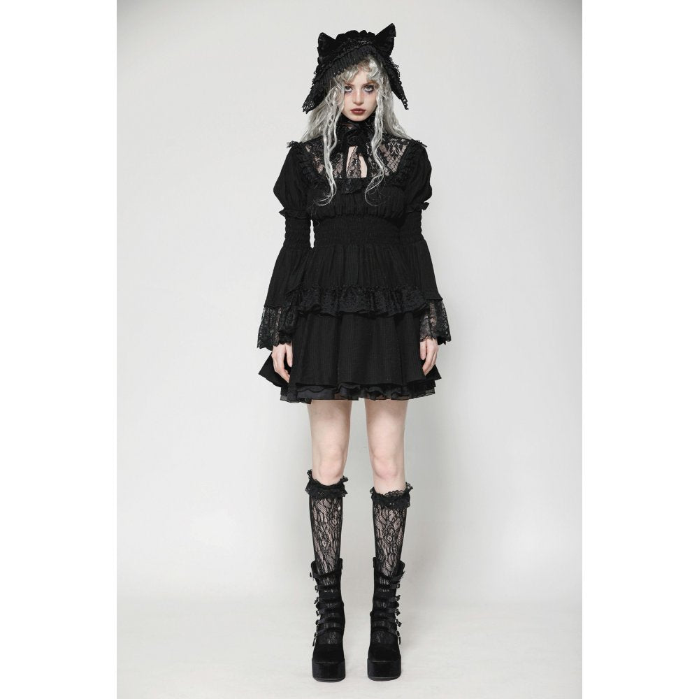 Close-up view of the Dark in Love Arya Gothic Lace Doll Dress with intricate lace detailing and playful cat ear bonnet, perfect for a whimsical gothic look.