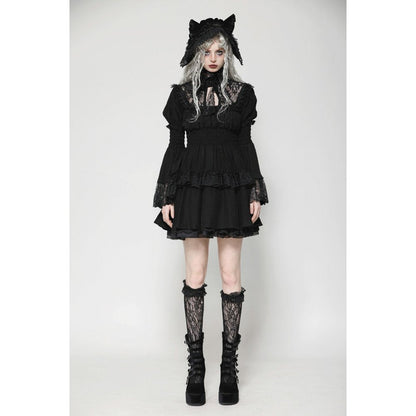 Close-up view of the Dark in Love Arya Gothic Lace Doll Dress with intricate lace detailing and playful cat ear bonnet, perfect for a whimsical gothic look.