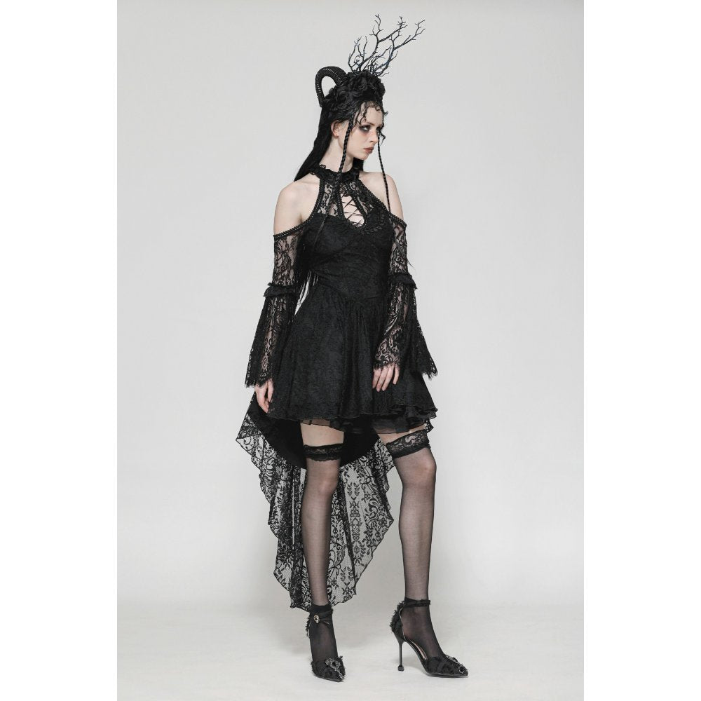 Back view of the Dark in Love Gem Gothic Vine Lace Tail Dress, illustrating the stunning design and cold-shoulder feature that adds sophistication to any wardrobe.