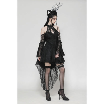 Back view of the Dark in Love Gem Gothic Vine Lace Tail Dress, illustrating the stunning design and cold-shoulder feature that adds sophistication to any wardrobe.