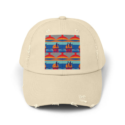 Unisex Distressed Cap showcasing a picturesque fantasy paddleboarding scene - an ideal choice for style-conscious water enthusiasts, featured in a chic beige shade.
