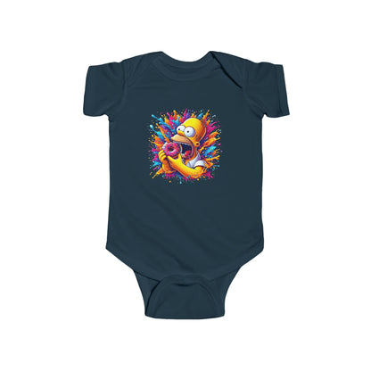 Luxury Baby's Unisex Urban Homer’s Hungry Delight Jersey Bodysuit featuring a vibrant graphic of Homer Simpson mid-bite into a donut, surrounded by a burst of colourful splashes, ideal for stylish comfort and pop culture fans.