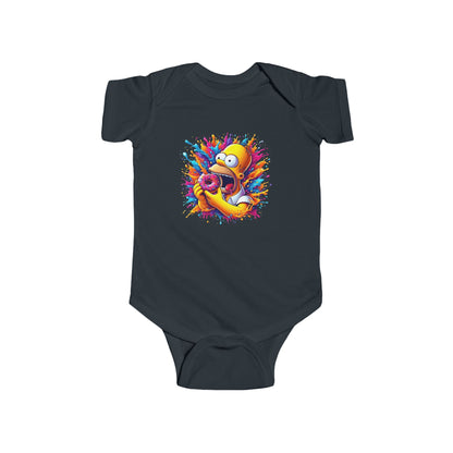 Baby's Unisex Urban Homer’s Hungry Delight Jersey Bodysuit showcasing a colourful graphic of Homer Simpson holding a donut, displayed on a black background.