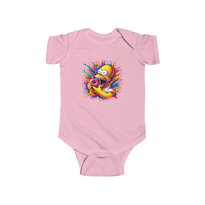 Baby's Unisex Urban Homer’s Hungry Delight Jersey Bodysuit featuring a colourful depiction of Homer Simpson and a donut, set against a pink backdrop.