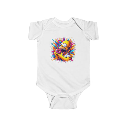 Baby's Unisex Urban Homer’s Hungry Delight Jersey Bodysuit featuring Homer Simpson mid-bite with a vibrant donut design, presented on a white background.