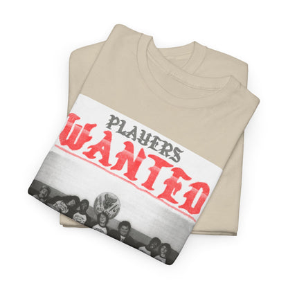 Luxurious display of the Hellfire Club t-shirt, featuring a vintage-inspired 'PLAYERS WANTED' print in bold red lettering against a neutral background, exuding a sense of nostalgia and inviting camaraderie.