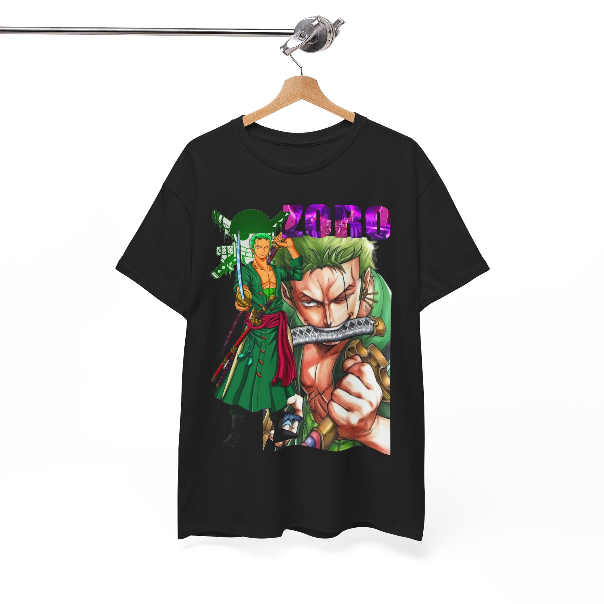 Chic Roronoa Zoro graphic T-shirt elegantly displayed on a hanger, showcasing striking artwork and vibrant colours, ideal for stylish anime fans.