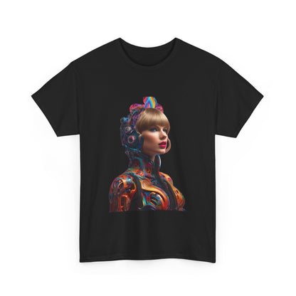Beautiful black Heavy Cotton Tee featuring a vivid psychedelic portrait of Taylor Swift, designed for those who cherish music and fashion.