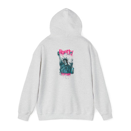 Elegant hoodie featuring a bold back print of the Statue of Liberty with graffiti-style lettering, combining artistic flair and street style for a striking fashion statement.