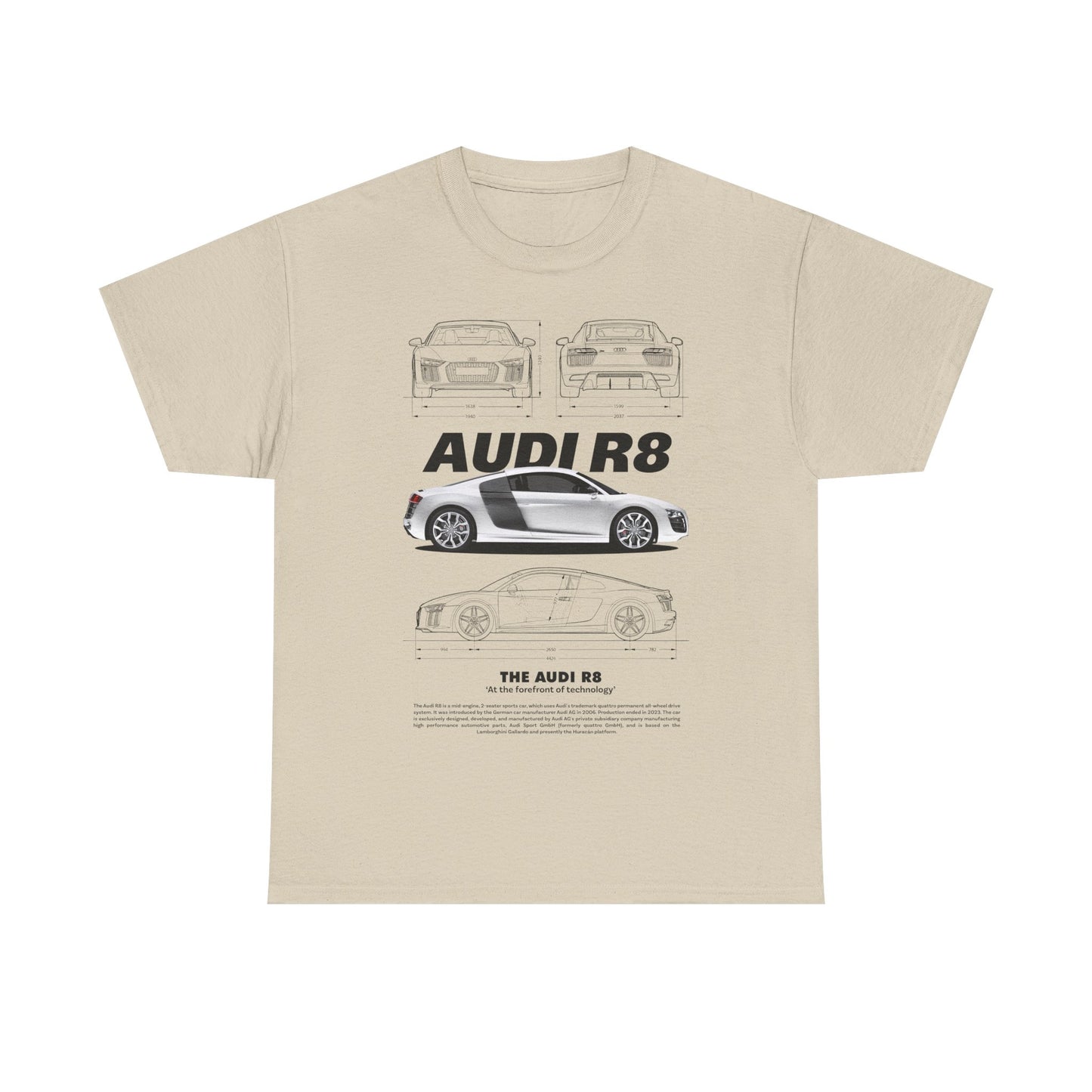 Chic beige men's t-shirt displaying a sophisticated design of the Audi R8, highlighting its contours with the caption 'The Audi R8: At the forefront of technology', ideal for casual elegance.