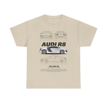 Chic beige men's t-shirt displaying a sophisticated design of the Audi R8, highlighting its contours with the caption 'The Audi R8: At the forefront of technology', ideal for casual elegance.