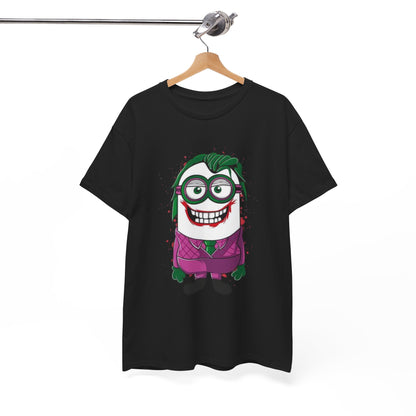 Casually hanging Men's Funny T Shirt with a Joker Minion design, vibrant and playful for Minion enthusiasts. A great unisex option that combines humour with beloved cartoon elements. T Shirt, Funny, Minions.