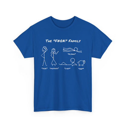 Front view of the luxury blue 'THE FAMILY' graphic tee, featuring minimalist stick figure representation of a dysfunctional family with humorous labels such as 'SICK', 'MOTHER', 'FLYING', 'LAZY', and 'FAT'. Crafted from soft cotton for ultimate comfort.