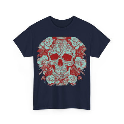 Front view of the Skulls and Roses Cotton Tee in navy, featuring an intricate design of skulls and roses, perfect for making a luxury fashion statement.