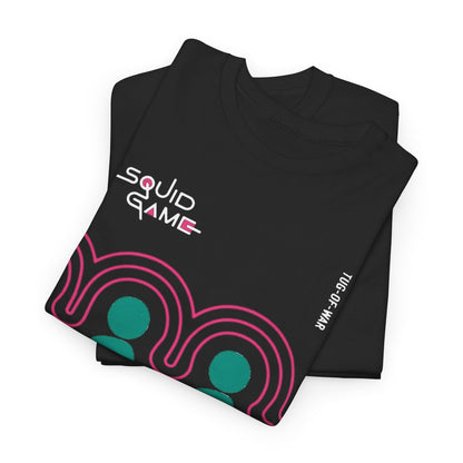 Elegant folded black t-shirts featuring the iconic Squid Game design, representing contemporary style and a passion for unique fashion.