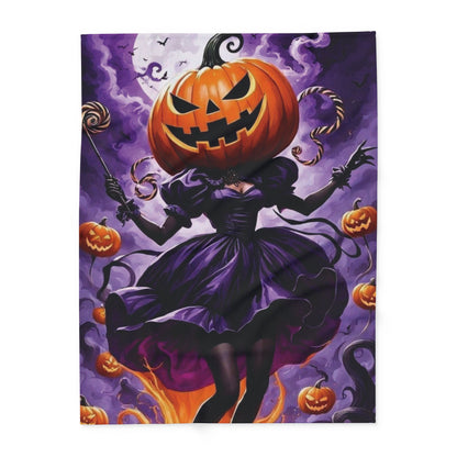 Chic Decorative and Warm Halloween Spooky Arctic Fleece Blanket displaying a captivating pumpkin witch surrounded by jack-o'-lanterns, ensuring warmth and seasonal charm this Halloween.