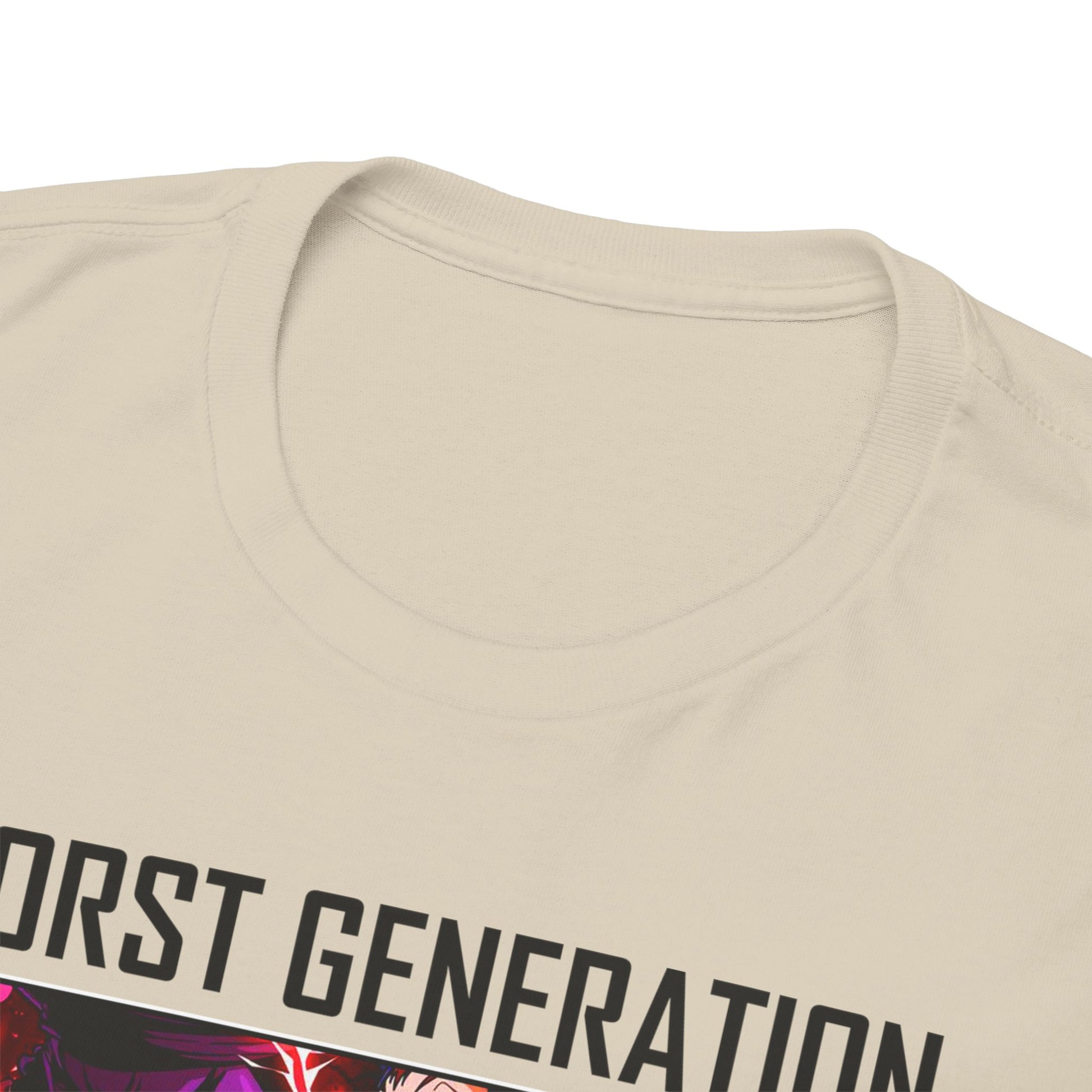 Close-up view of the neckline of a beige men's T-shirt featuring the text 'WORST GENERATION', reflecting a luxurious streetwear aesthetic.