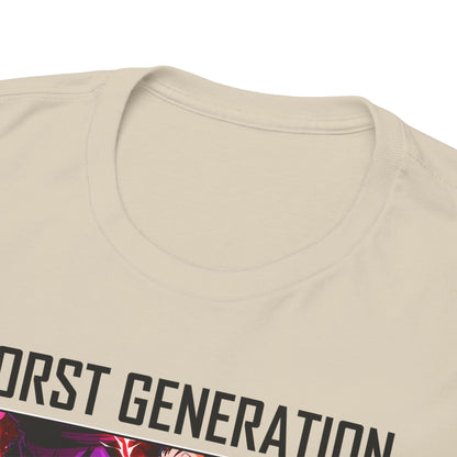 Close-up view of the neckline of a beige men's T-shirt featuring the text 'WORST GENERATION', reflecting a luxurious streetwear aesthetic.
