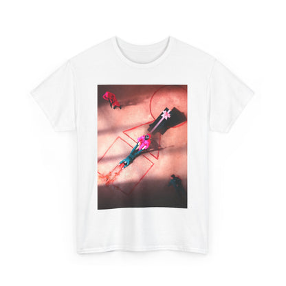Luxurious white graphic t-shirt adorned with a bold design inspired by 'Squid Game', ideal for making a statement in urban settings.